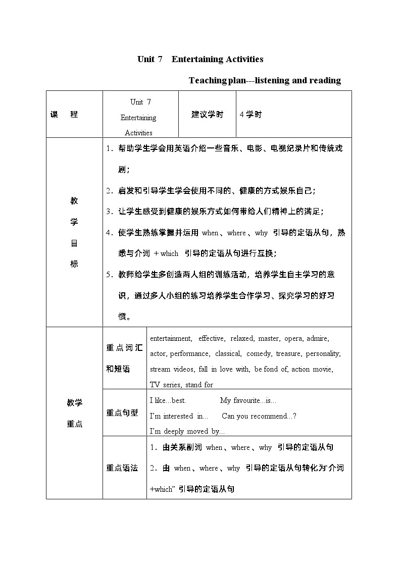 【中职专用】高中英语 Unit 7 Entertaining Activities Listening and Reading 教学设计-2022-2023学年中职英语语文版(2021)基础模块201