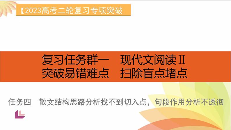 任务4 突破易错难点:散文——结构思路分析找不到切入点,句段作用分析不透彻-2023年高考语文二轮复习专项突破技巧讲练(全国通用)课件PPT第1页