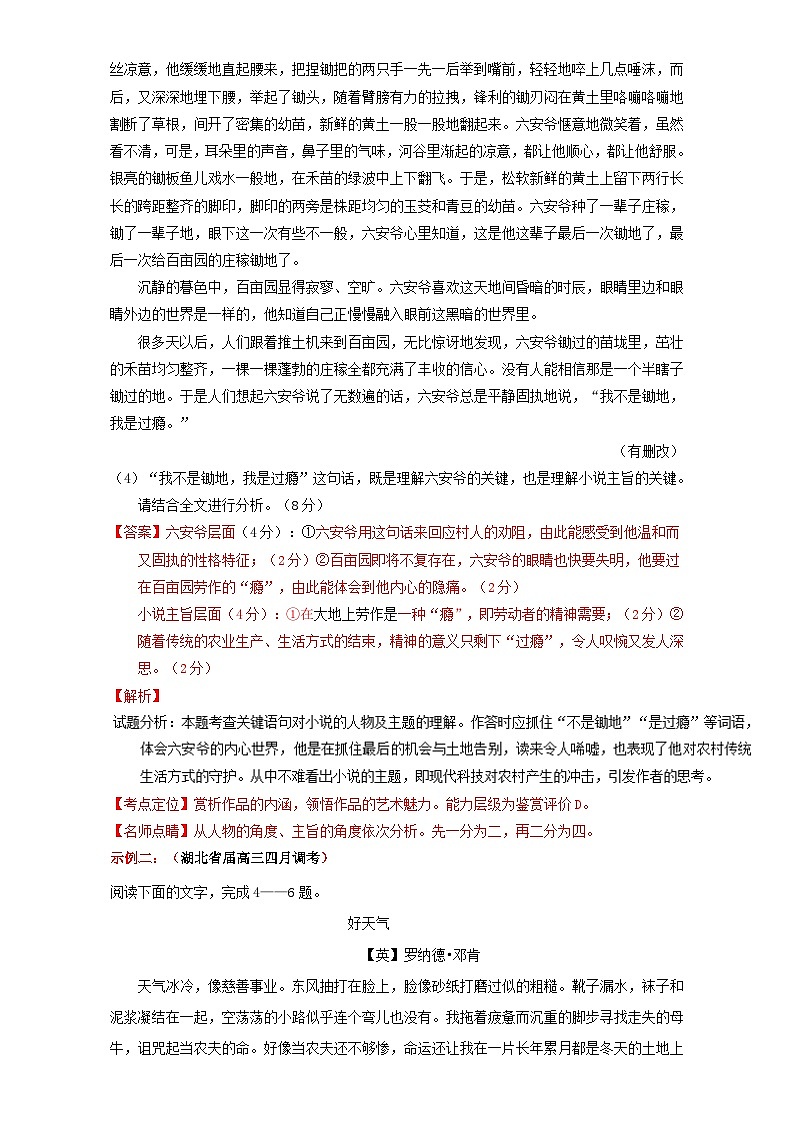 专题3.2 现代文阅读之文学类文本阅读(一)(中) 全国高考语文考前复习大串讲 Word版含答案03