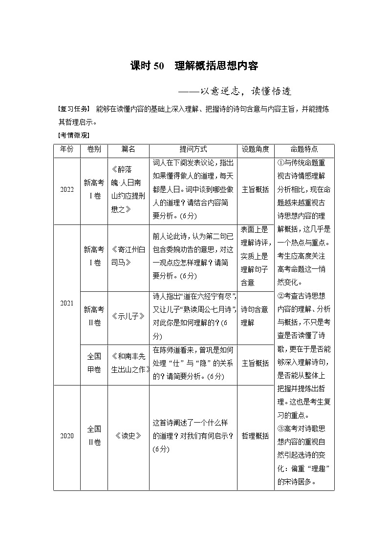 高考语文一轮复习课时练习 板块6 古诗词阅读与鉴赏 课时50 理解概括思想内容(含解析)第1页