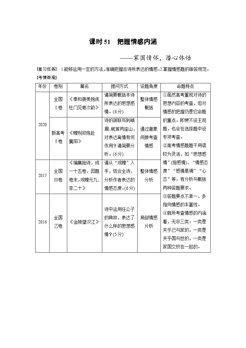 高考语文一轮复习课时练习 板块6 古诗词阅读与鉴赏 课时51 把握情感内涵(含解析)第1页