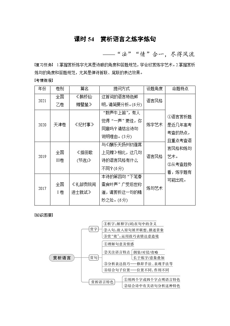 高考语文一轮复习课时练习 板块6 古诗词阅读与鉴赏 课时54 赏析语言之炼字炼句(含解析)第1页