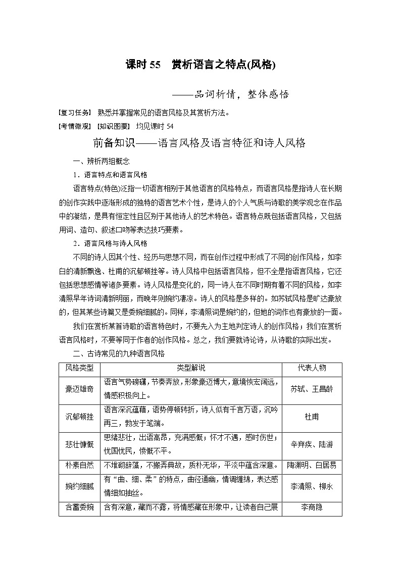 高考语文一轮复习课时练习 板块6 古诗词阅读与鉴赏 课时55 赏析语言之特点(风格)(含解析)第1页