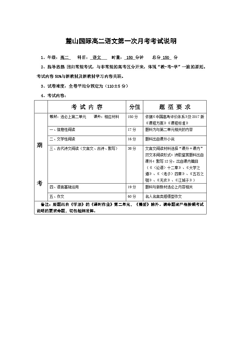 麓山国际实验学校高二第一次月考语文考试说明01