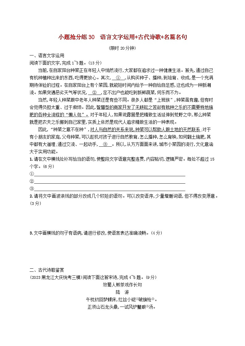 适用于新高考新教材2024版高考语文二轮复习小题抢分练30语言文字运用+古代诗歌+名篇名句第1页
