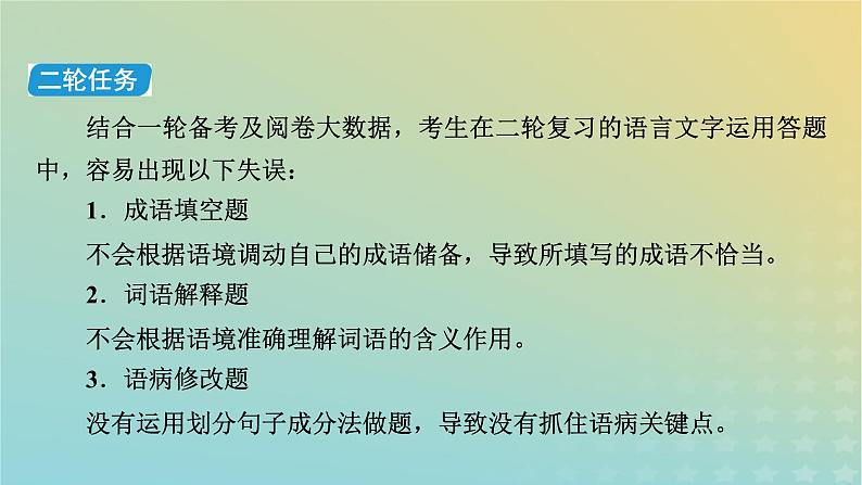 新教材适用2024版高考语文二轮总复习第1部分考点精讲复习板块3语言文字运用考点练透1正确使用成语课件第3页