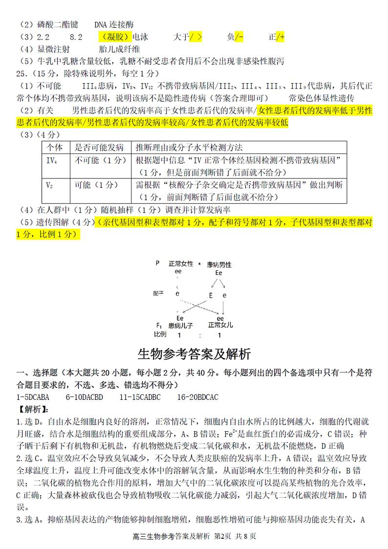2023学年第一学期浙江省精诚联盟高三适应性12月联考 生物答案第2页