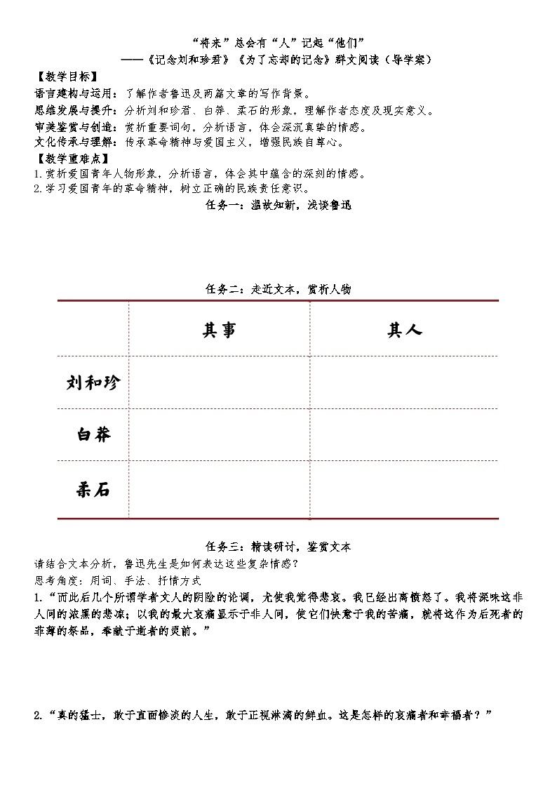 统编版 高中语文 选择性必修中册 第二单元 6《记念刘和珍君》《为了忘却的记念》群文阅读课件+教案+导学案01