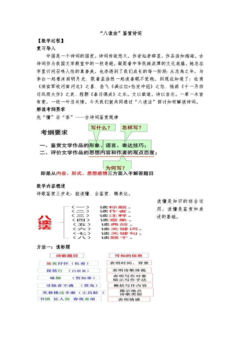 统编版 高中语文 高三第二轮复习诗词部分《八读法鉴赏诗词》课件+教案01