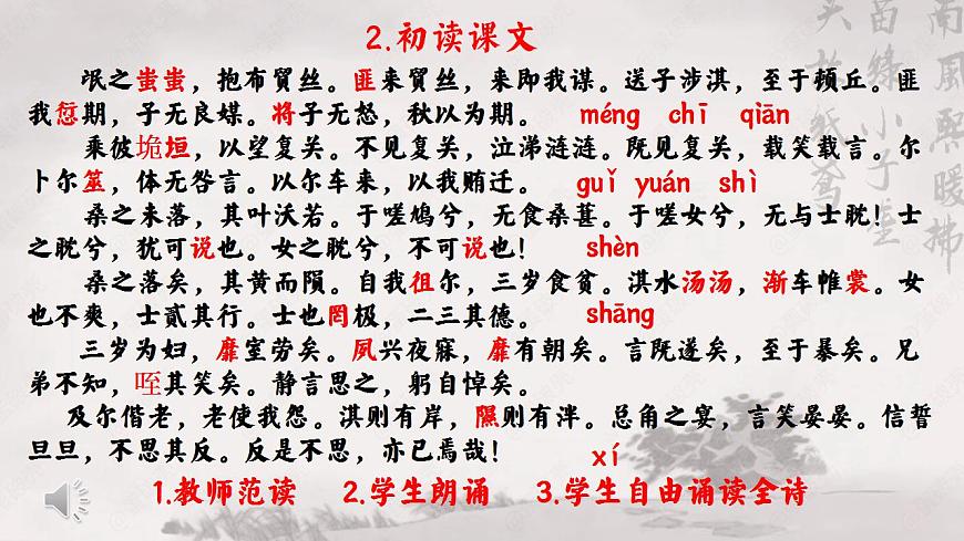 版本1.1.1常規(guī)課.PPT.不負(fù)卿心不負(fù)君，只愿君心似我心——賞析《氓》的抒情特色第6頁
