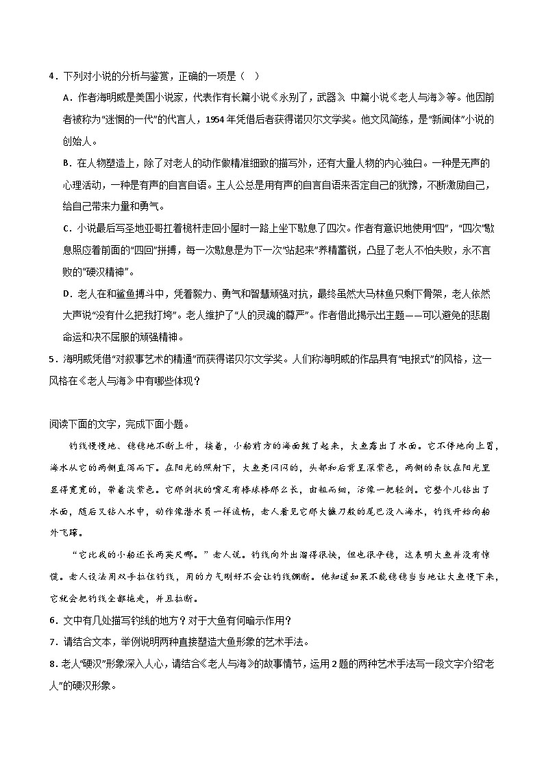 第10课 《老人与海》(分层练习)-2024-2025学年高二语文同步精品课件+分层练习 (统编版选择性必修上册)02