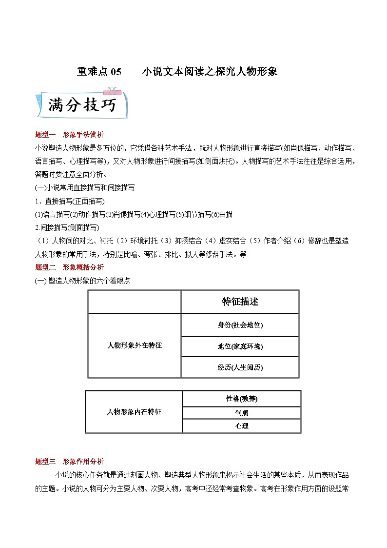 重难点05小说文本阅读之探究人物形象-2023年高考语文【热点•重点•难点】专练(全国通用)(原卷版+解析)第1页