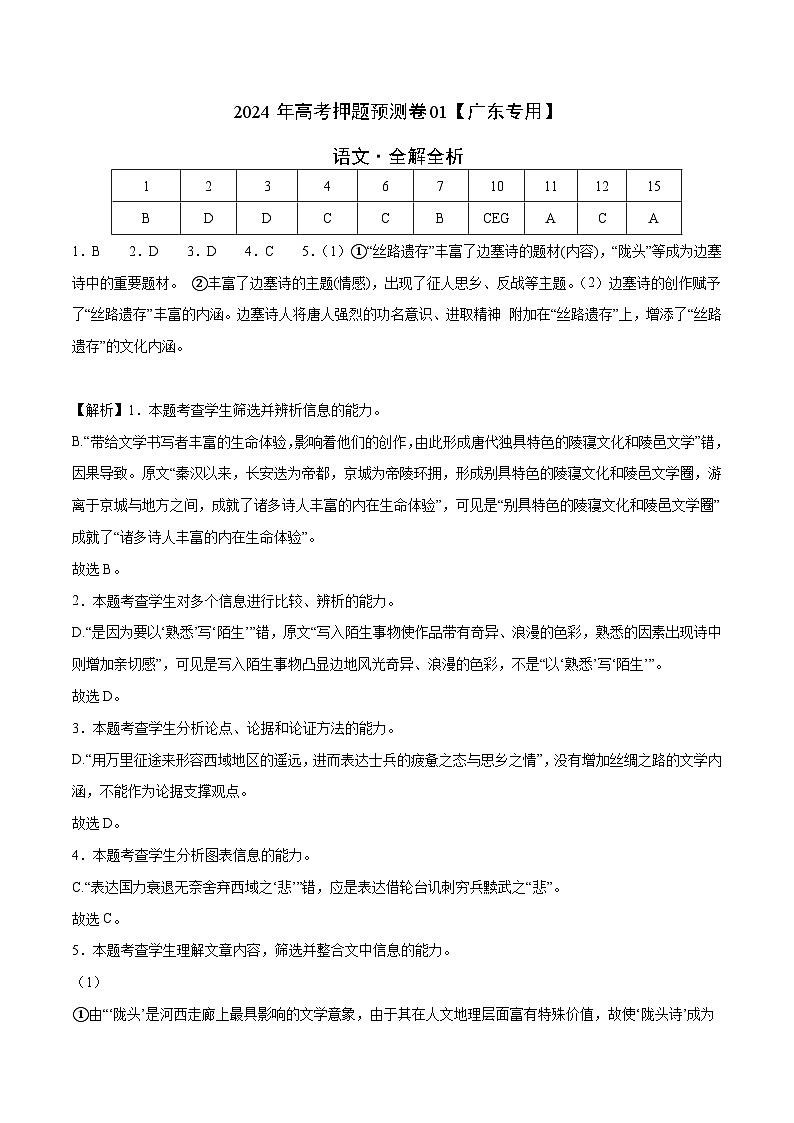 2024年高考押题预测卷—语文(广东卷01)(全解全析)第1页