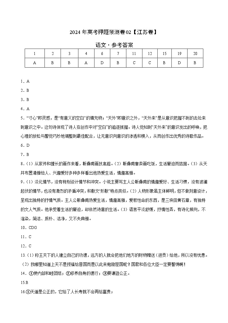 2024年高考押题预测卷—语文(江苏卷02)(参考答案)第1页