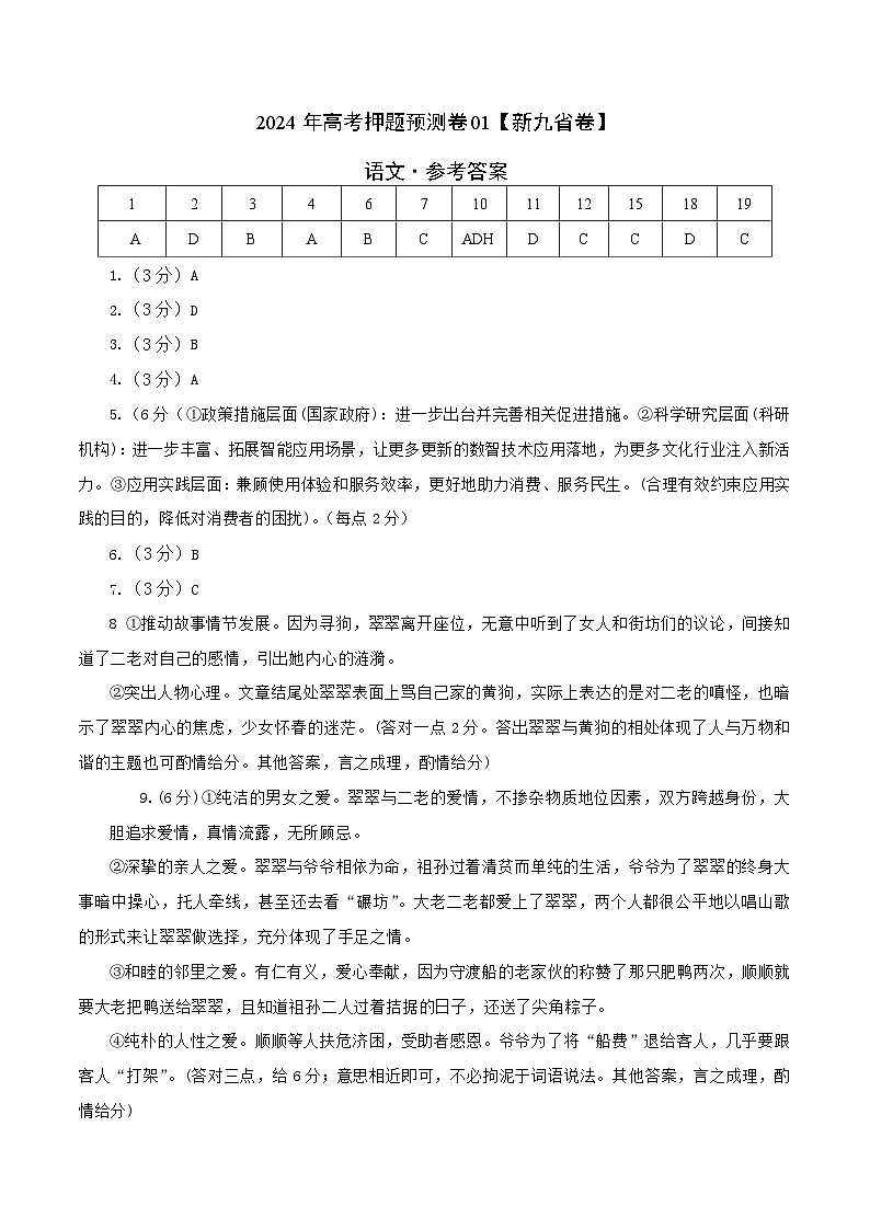 2024年高考押题预测卷—语文(新九省卷01)(参考答案)01