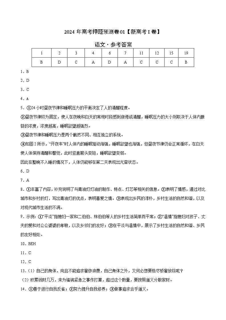 2024年高考押题预测卷—语文(新高考I卷01)(参考答案)01