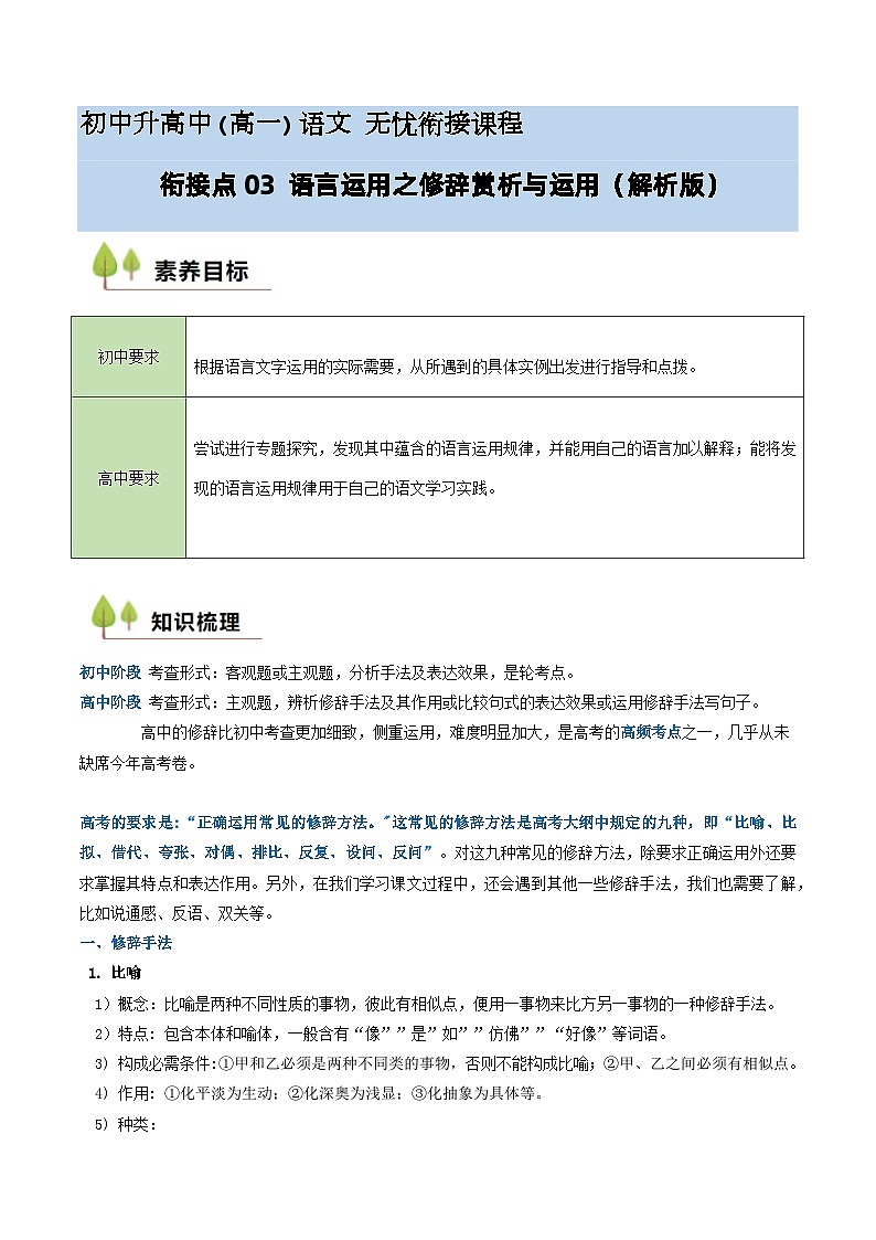 衔接点03 语言运用之修辞赏析与运用(解析版)第1页