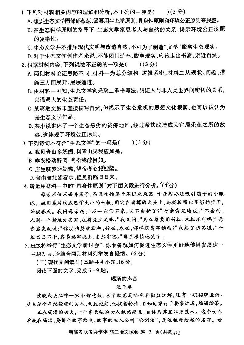 湖北省新高考联考协作体(八市州)2023-2024学年高二下学期期末考试 语文试卷+答案第3页