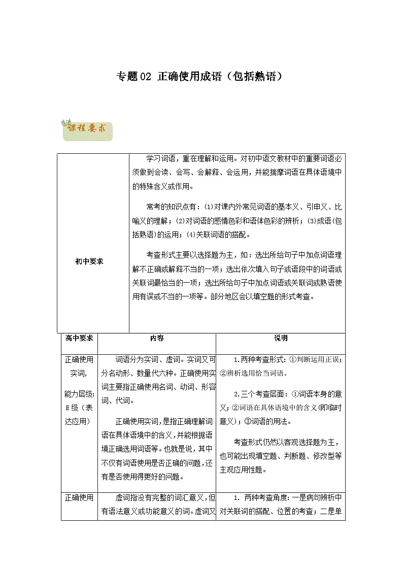 02 正确使用词语(包括熟语)-初升高语文衔接讲义(统编版)(教师版+学生版)01