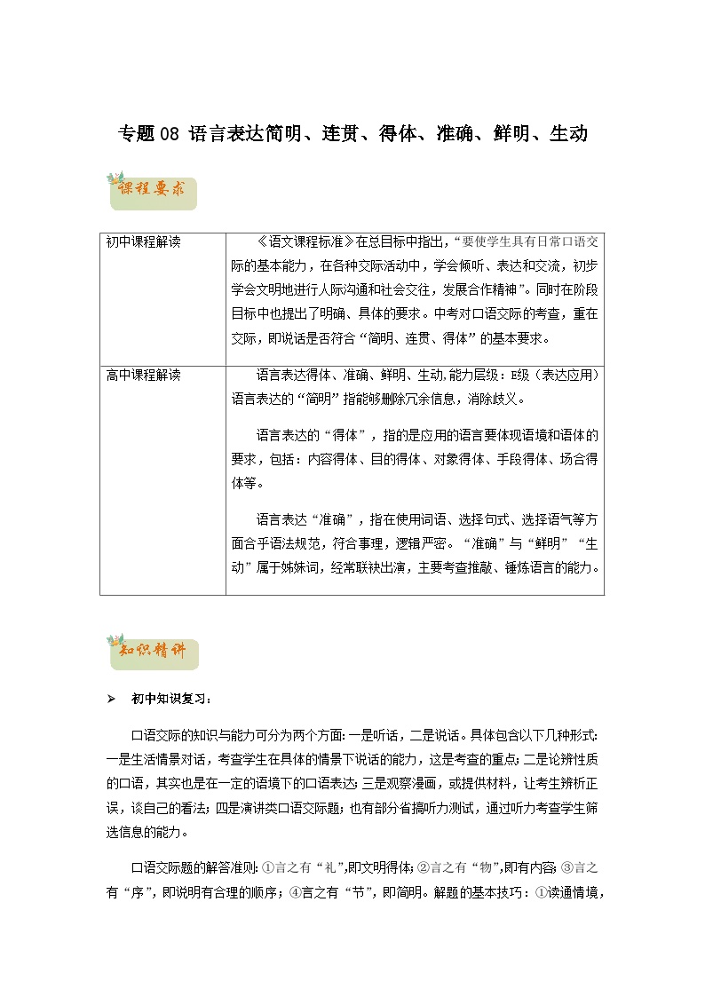 08  语言表达简明、连贯、得体、准确、鲜明、生动-初升高语文衔接讲义（统编版）（教师版+学生版）