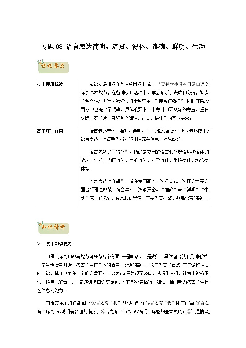 08  語言表達簡明、連貫、得體、準(zhǔn)確、鮮明、生動-初升高語文銜接講義（統(tǒng)編版）（教師版）第1頁