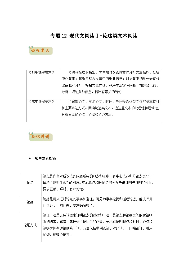 12  现代文阅读Ⅰ-论述类文本阅读-初升高语文衔接讲义（统编版）（教师版+学生版）