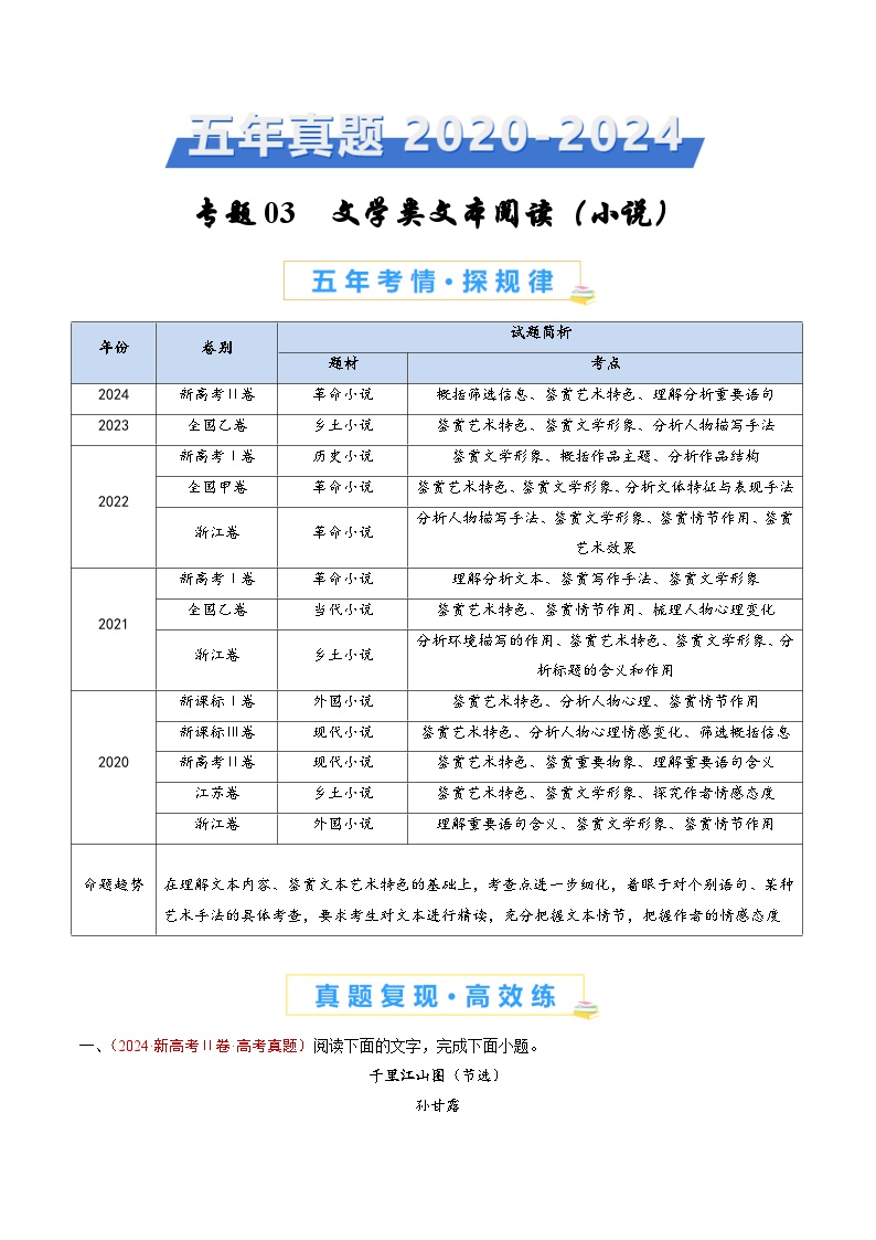 专题03 文学类文本阅读（小说）-五年（2020-2024）高考语文真题分类汇编（全国通用）