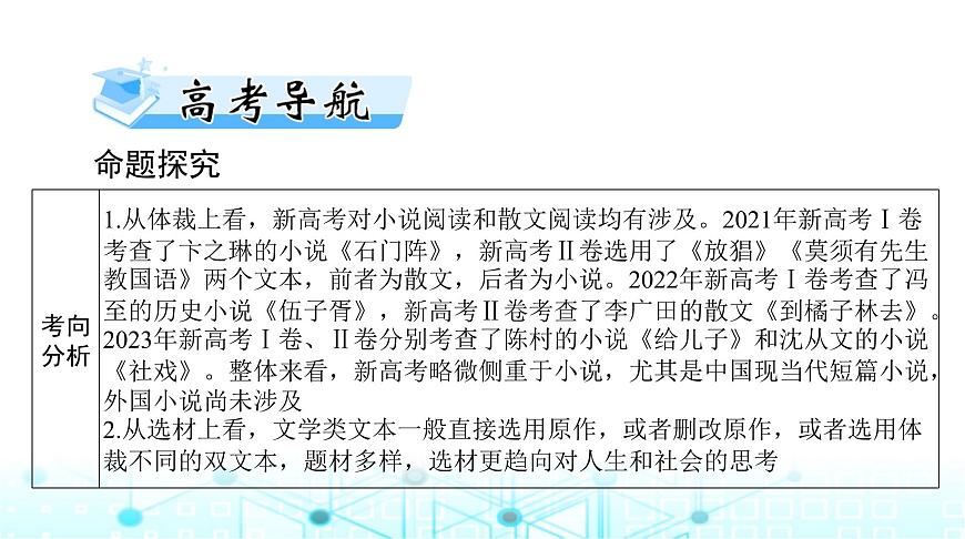 高考語(yǔ)文一輪復(fù)習(xí)現(xiàn)代文閱讀Ⅱ?qū)ｎ}二第一節(jié)小說閱讀課件第2頁(yè)