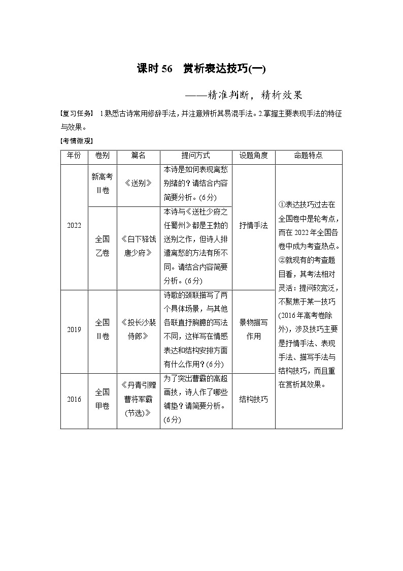 新高考语文一轮复习讲义板块6 古诗词阅读与鉴赏 课时56 赏析表达技巧(一)——精准判断,精析效果第1页
