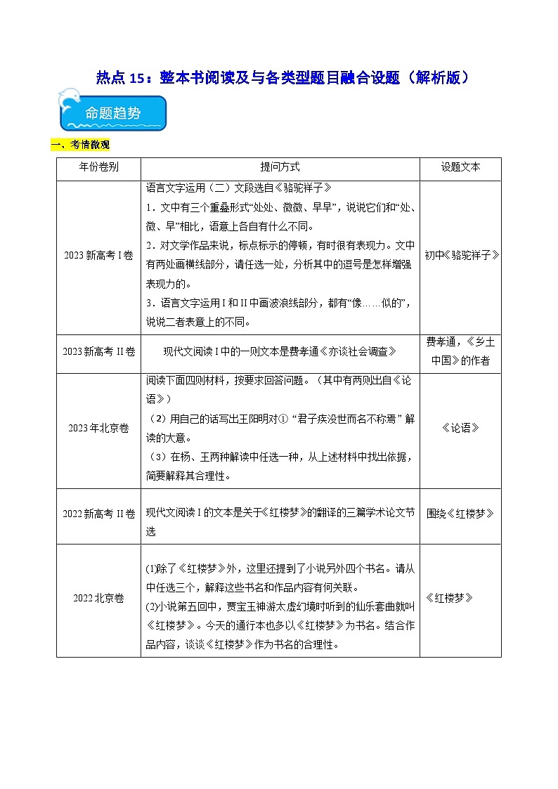 新高考语文二轮复习 热点15整本书阅读及与各类型题目融合设题(解析版) 第1页