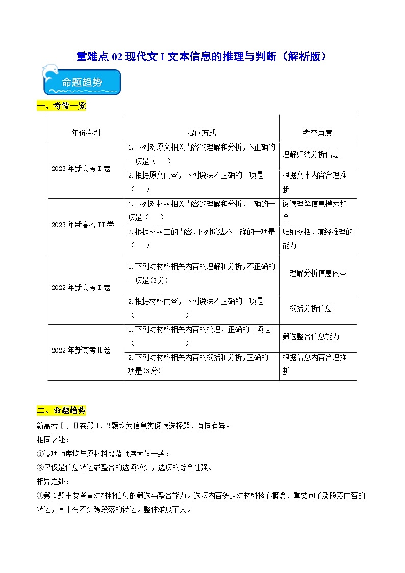 新高考语文二轮复习 重难点02现代文阅读I之文本信息的推理与判断(解析版) 第1页