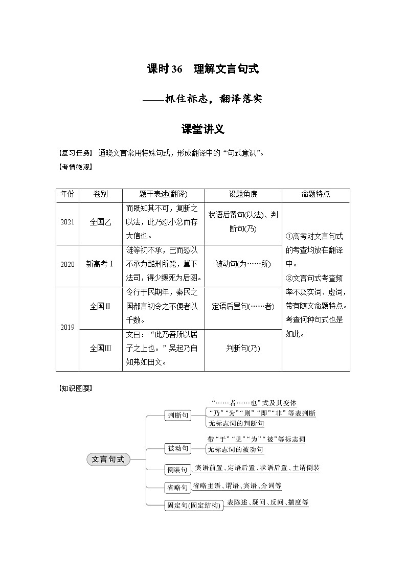 新高考语文一轮复习学案文言文考点突破课时36理解文言句式——抓住标志,翻译落实第1页