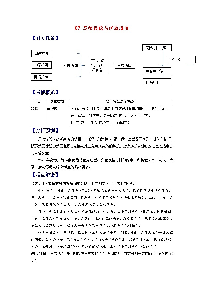 新高考语文二轮复习分层练习解密07 压缩语段与扩展语句(原卷版)第1页