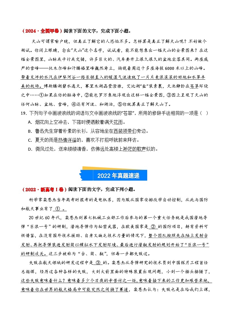 三年(2022-2024)高考语文真题分类汇编(全国通用)专题09 修辞手法(原卷版)第2页