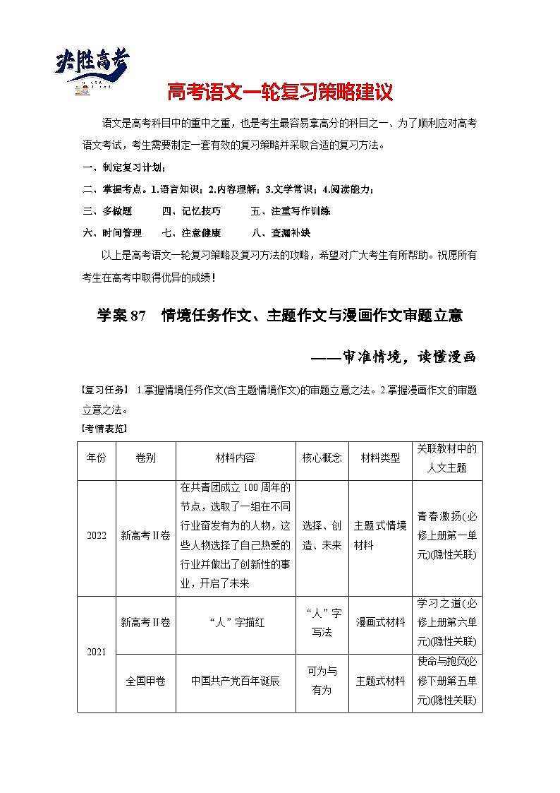 板块十 学案87 情境任务作文、主题作文与漫画作文审题立意——审准情境,读懂漫画(学生版)第1页