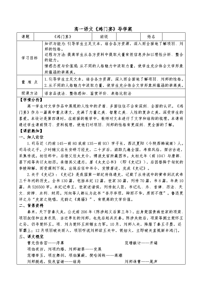 3（公開課）《鴻門宴》導(dǎo)學(xué)案（老師）第1頁
