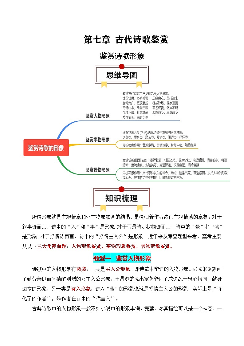 2025年高考语文复习知识清单第七章古代诗歌鉴赏专题02:鉴赏诗歌形象(学生版+解析)第1页
