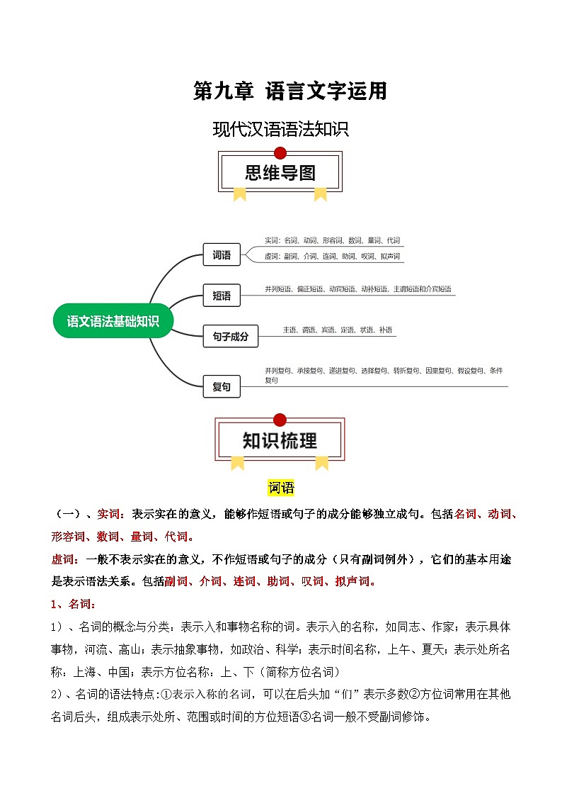 2025年高考语文复习知识清单第九章语言文字运用专题01:现代汉语语法知识(学生版+解析)-2025年高考语文知识清单01
