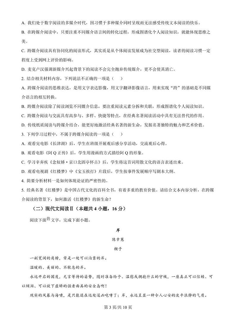 2025届湖南省郴州市高三上学期10月月考-语文试题+答案第3页