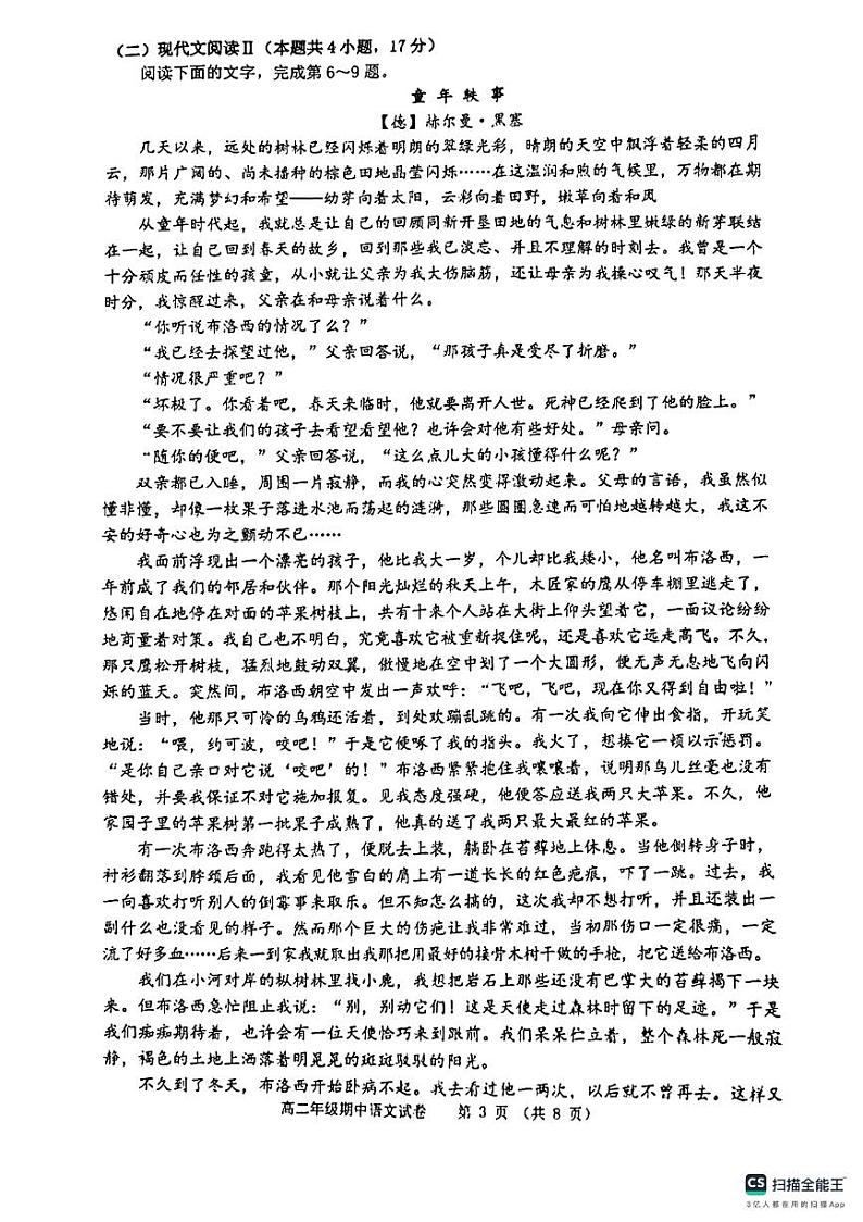安徽省芜湖市2024-2025学年高二上学期普通中学联考期中测试语文试卷第3页
