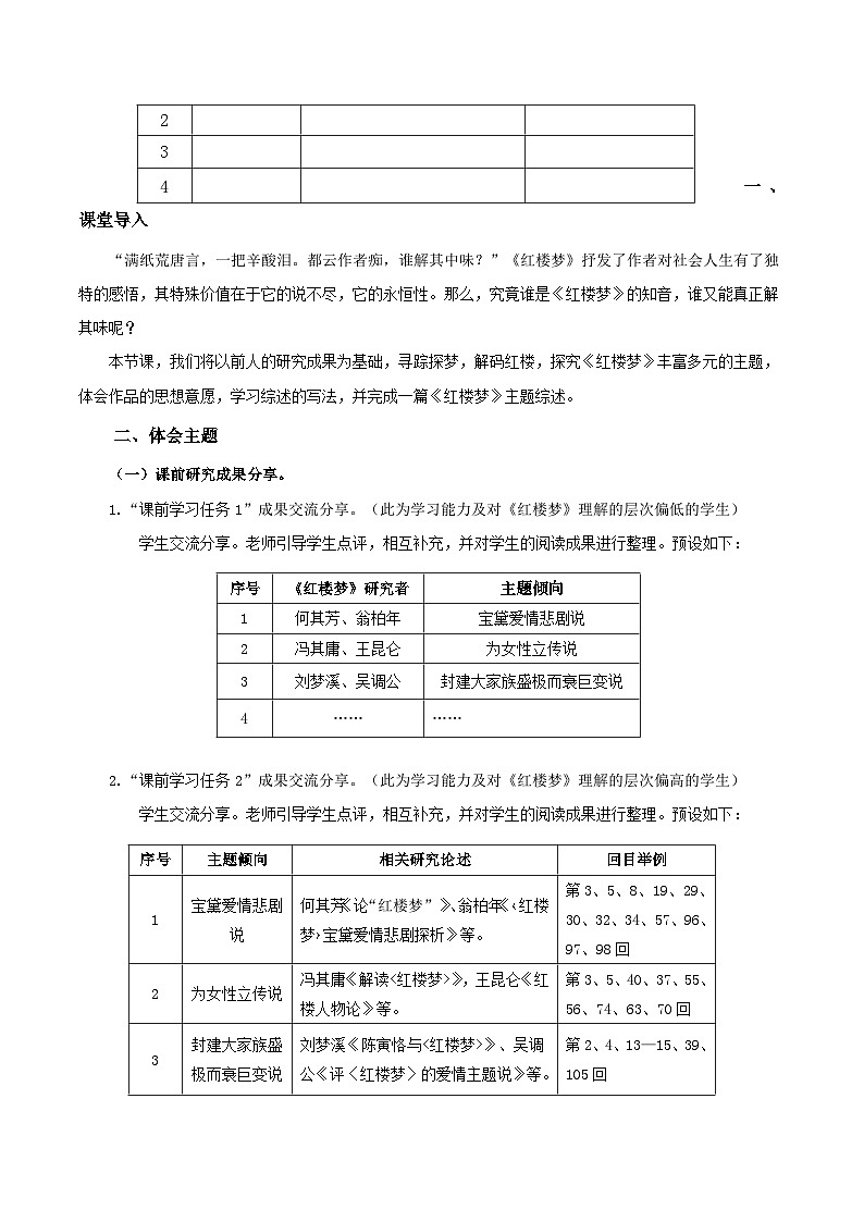 人教统编版高中语文必须下册《红楼梦》第7课时:体会主题 学写综述(教学设计)第2页