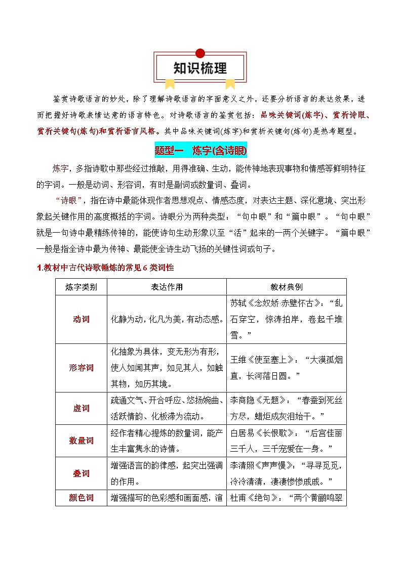 第3节 鉴赏诗歌的语言-【口袋书】2024年高考语文一轮复习知识清单(全国通用)(解析版)第2页