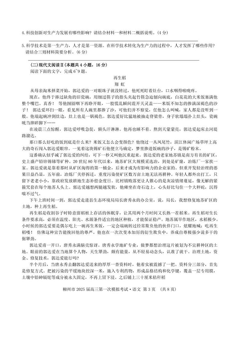 2025届广西柳州市高三第一次模拟考试语文试卷(含答案)第3页