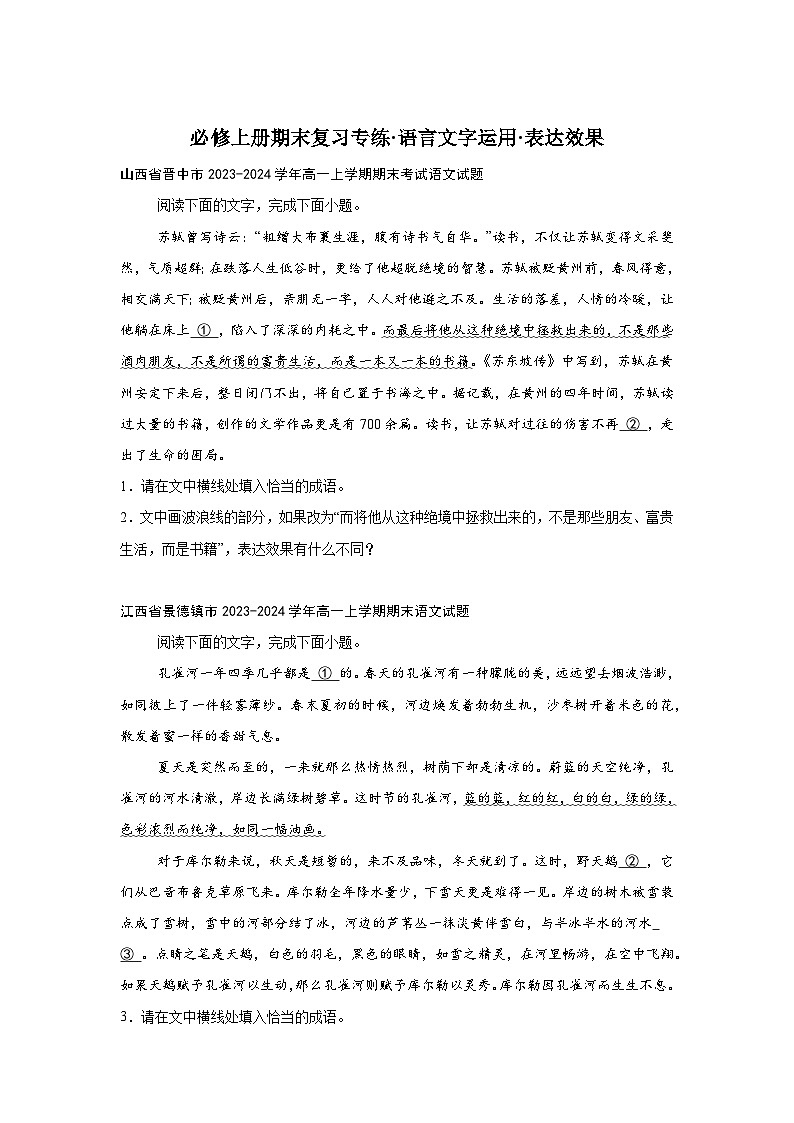 2024-2025学年高一上学期语文期末复习考点专练-语言文字运用之表达效果第1页