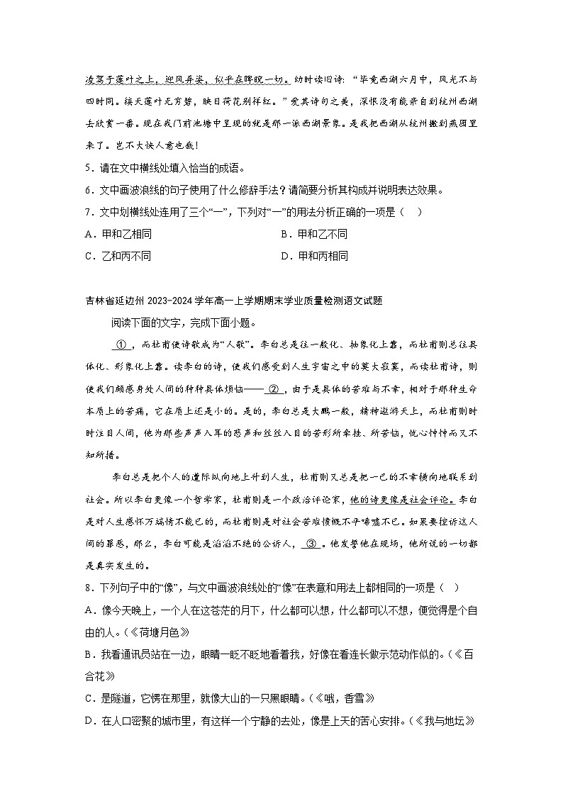 2024-2025学年高一上学期语文期末复习考点专练-语言文字运用之词语语境义第3页