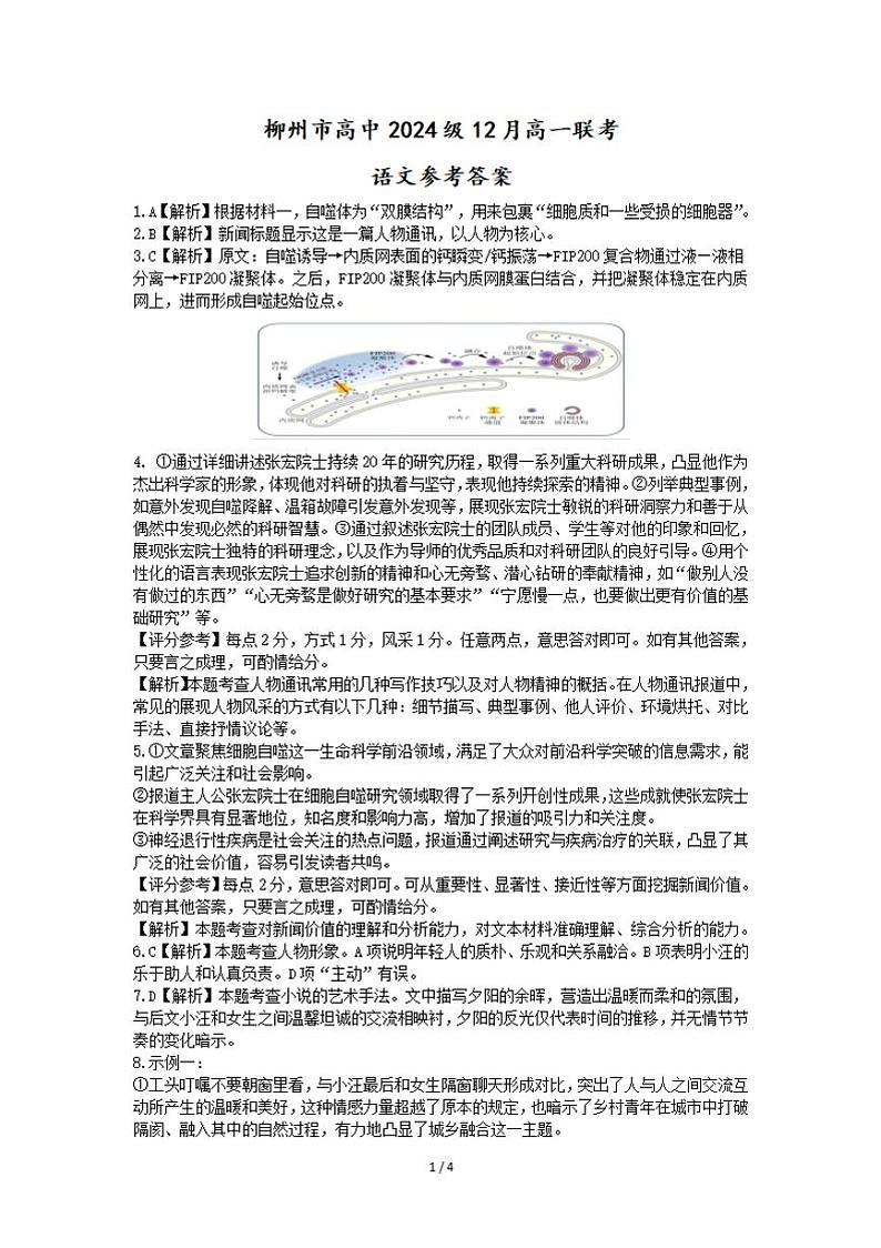 柳州市高中2024级12月高一联考语文参考答案第1页