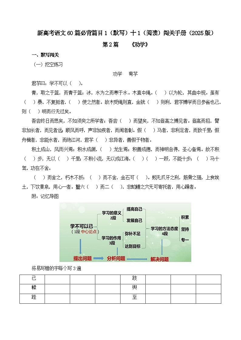 第2篇 《劝学》(学生版)2025年新高考语文60篇古诗文必背篇目默写+阅读拓展第1页