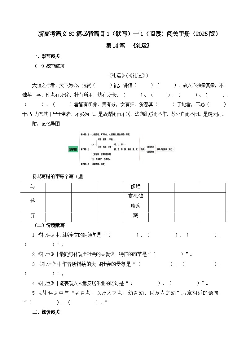 第14篇《礼运》(学生版)2025年新高考语文60篇古诗文必背篇目默写+阅读拓展第1页