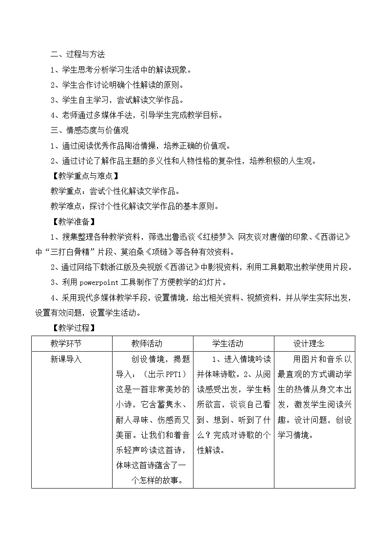 人教版 (新課標(biāo))高中語文 必修三《文學(xué)作品的個性化解讀》名師教案第2頁
