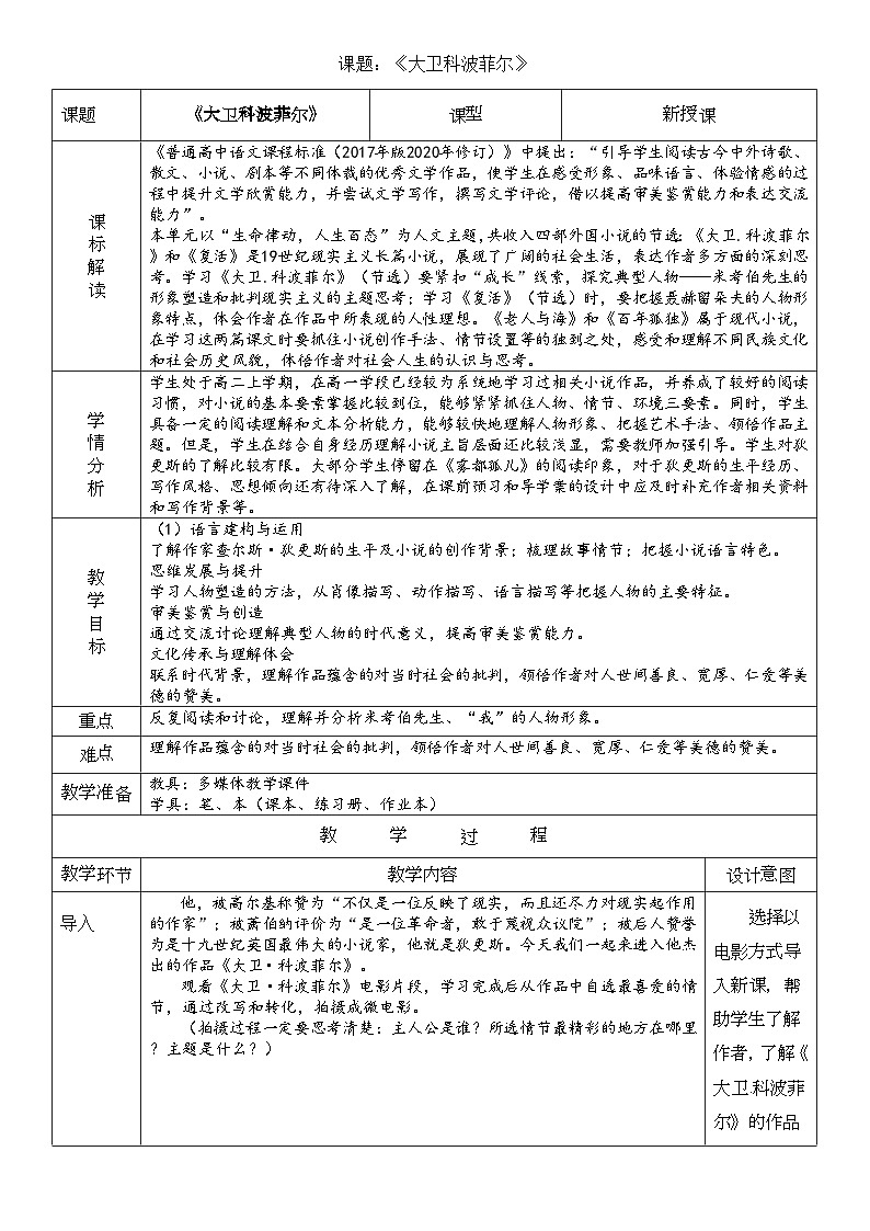 高中语文人教统编版选择性必修上册3.1《大卫·科波菲尔(节选)》精品教案第1页